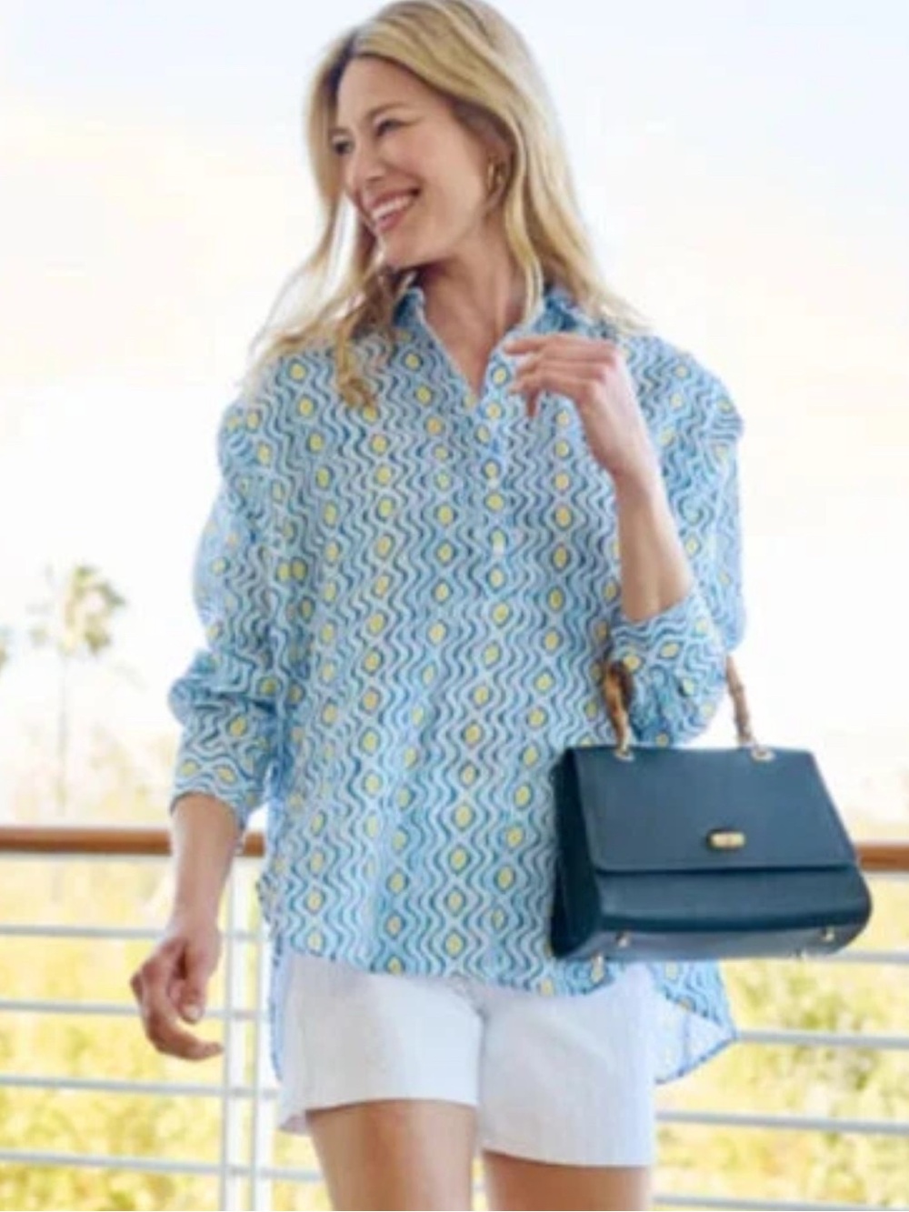 J. McLaughlin Fallon Tunic Blouse Blue Costa Key Print 100% Linen S Retail $188